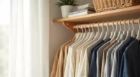Wooden rod with ten white hangers displaying neatly folded neutral-toned garments above a woven basket shelf.