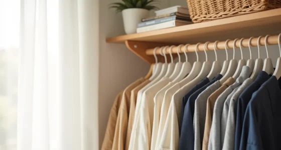 Wooden rod with ten white hangers displaying neatly folded neutral-toned garments above a woven basket shelf.