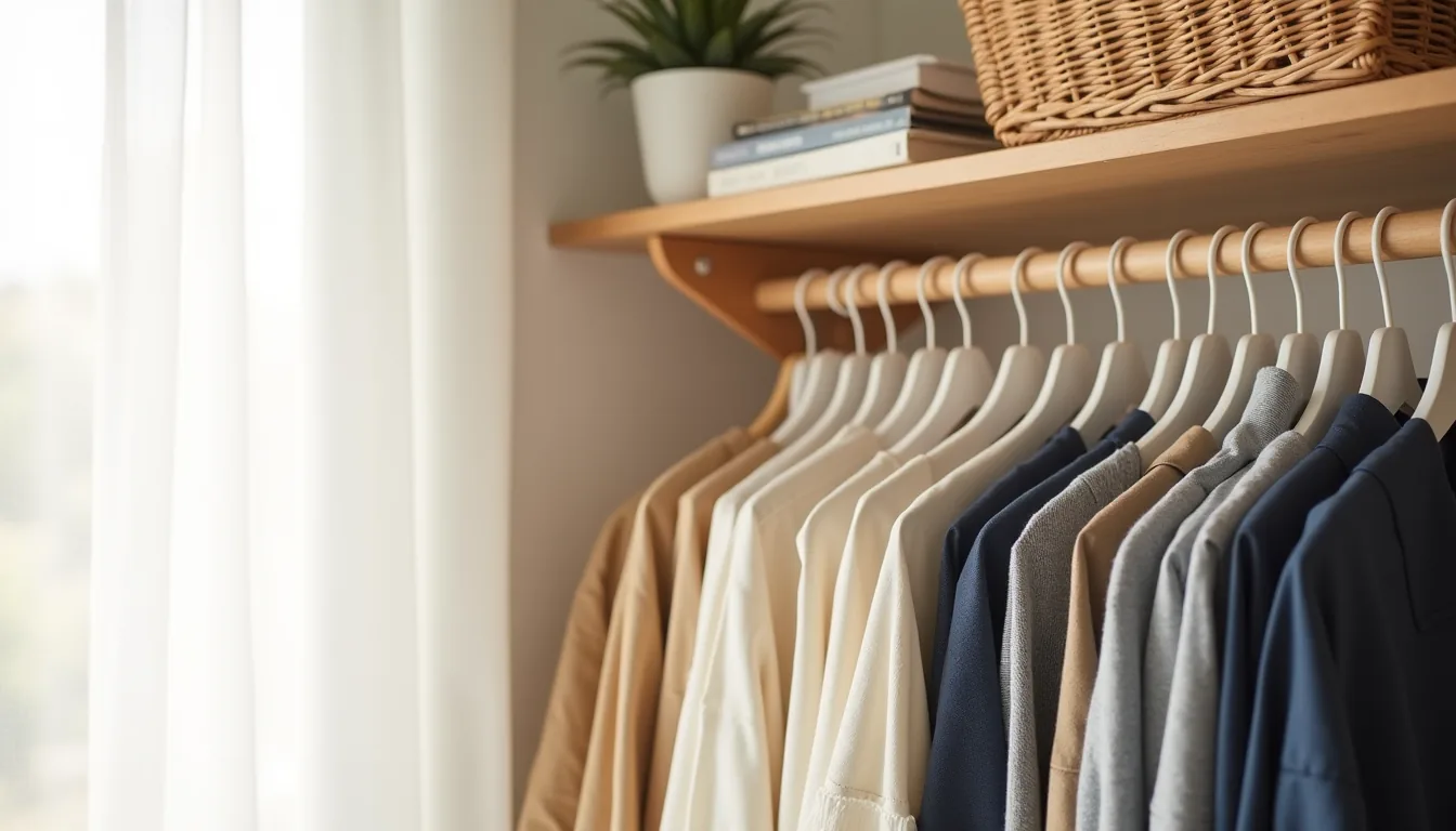 Wooden rod with ten white hangers displaying neatly folded neutral-toned garments above a woven basket shelf.