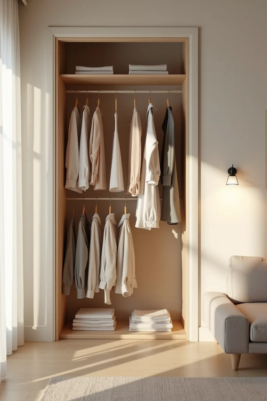Closet with upper and lower hanging rods; upper rod holds coats and dresses, lower rod holds pants and shirts on velvet