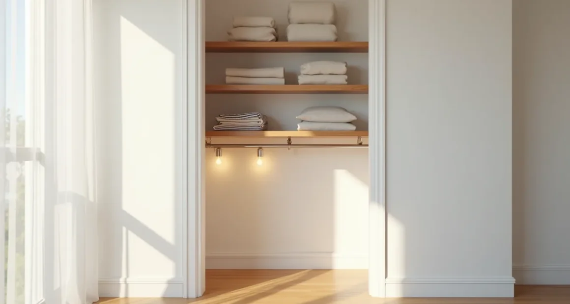 Narrow closet with three staggered floating shelves holding folded sweaters, storage boxes, and rolled items above a closet