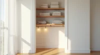 Narrow closet with three staggered floating shelves holding folded sweaters, storage boxes, and rolled items above a closet