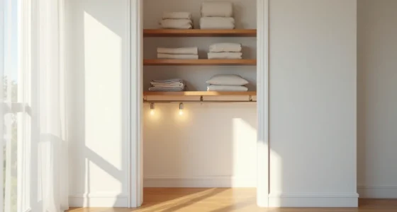 Narrow closet with three staggered floating shelves holding folded sweaters, storage boxes, and rolled items above a closet