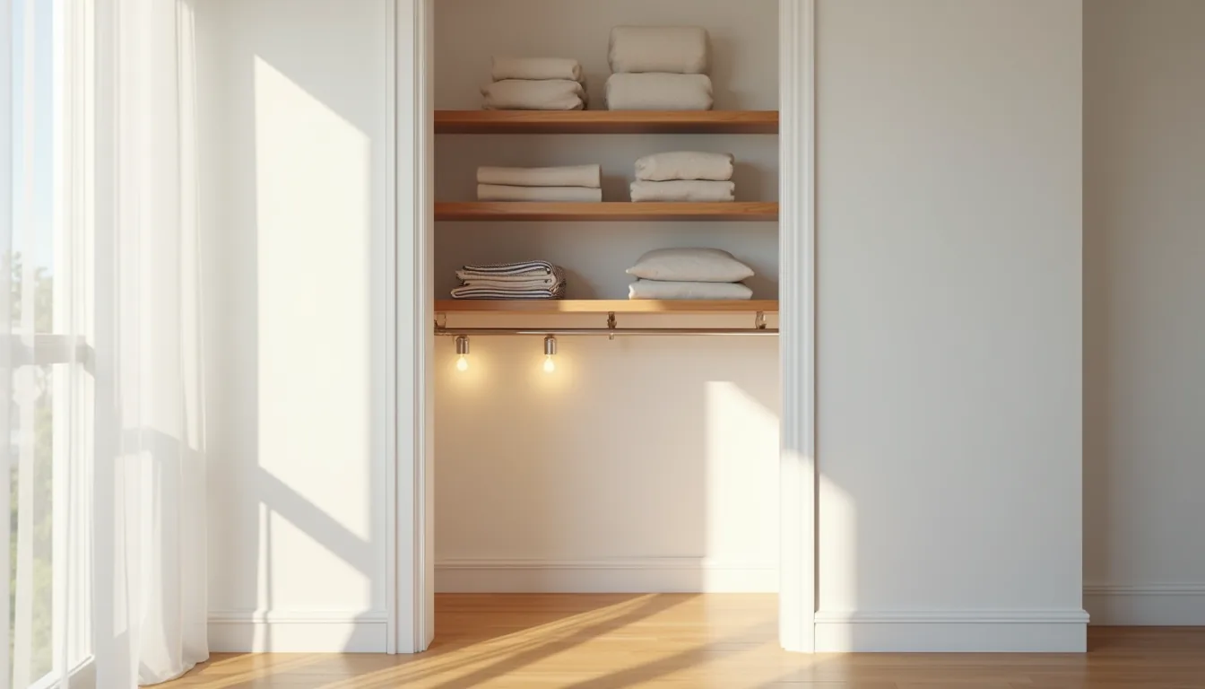 Narrow closet with three staggered floating shelves holding folded sweaters, storage boxes, and rolled items above a closet
