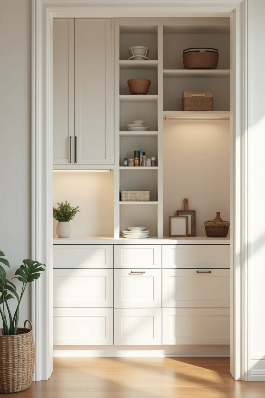 Floor-to-ceiling custom white cabinetry with closed upper doors, open middle shelves with stacked items, and lower drawers.