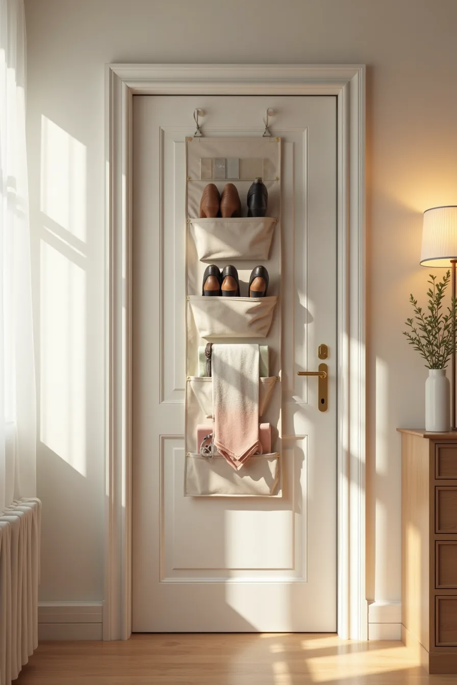 Closet door with over-the-door shoe organizer in clear pockets and adhesive hooks holding belts and scarves.