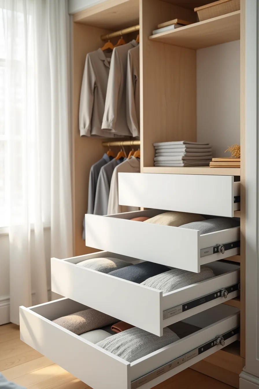 Three white pull-out drawer units on metal slides partially extended, revealing folded shirts, sweaters, and accessories