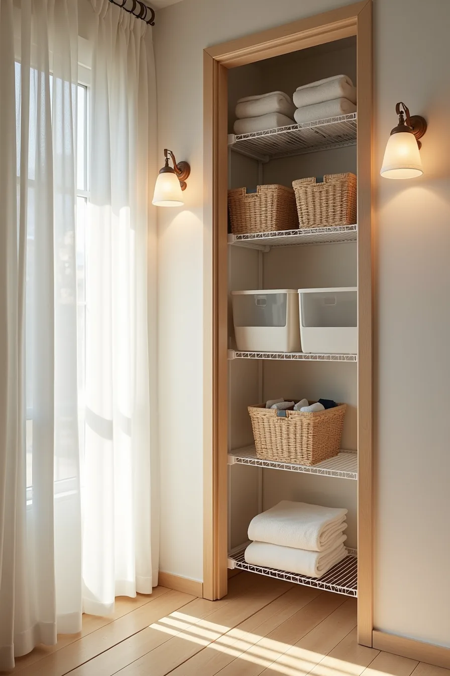 Cramped closet with five wire shelves stacked floor-to-ceiling filled with baskets, clear bins, and rolled linens.