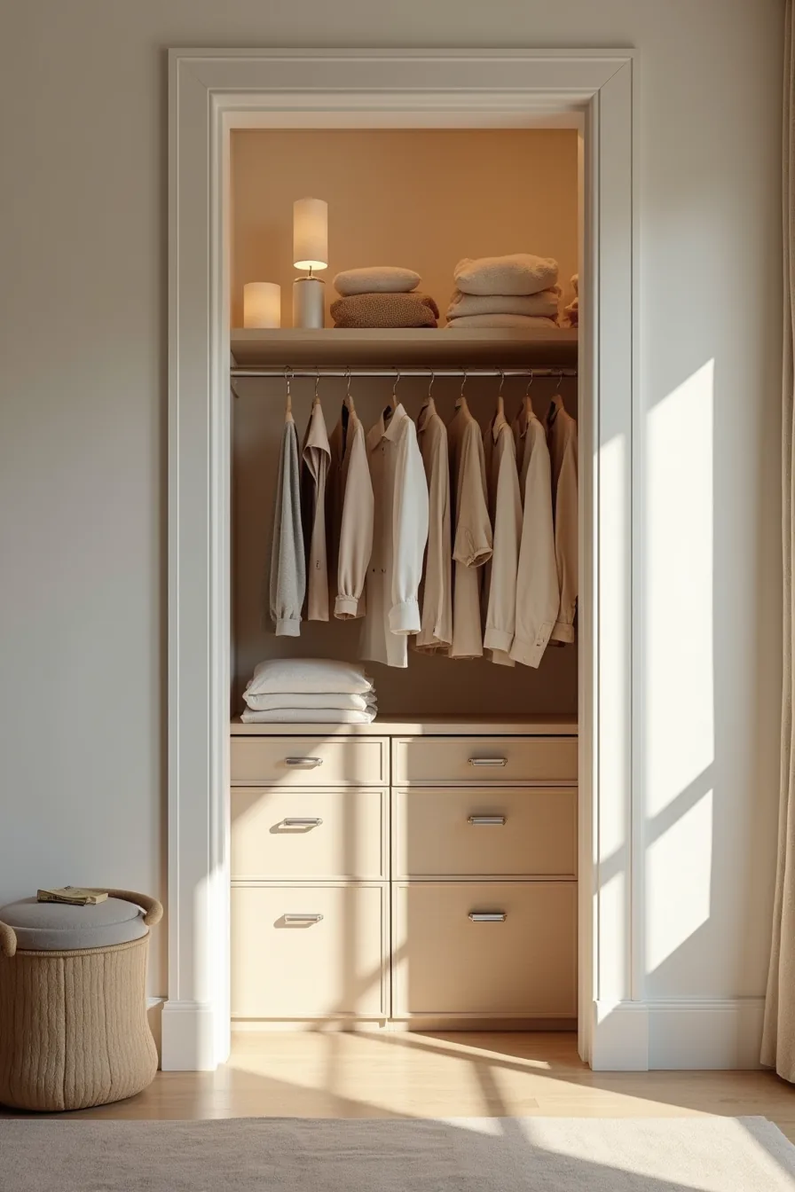 Closet organized into zones with work clothes on left rod, casual wear on right rod, and labeled storage boxes on floor.