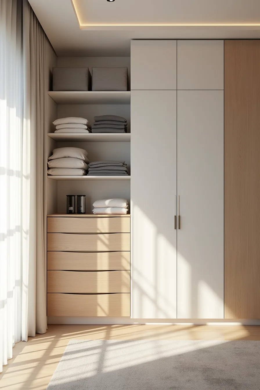 Built-in white shelving with segmented wood drawer unit storing underwear, socks, and color-organized folded clothing.