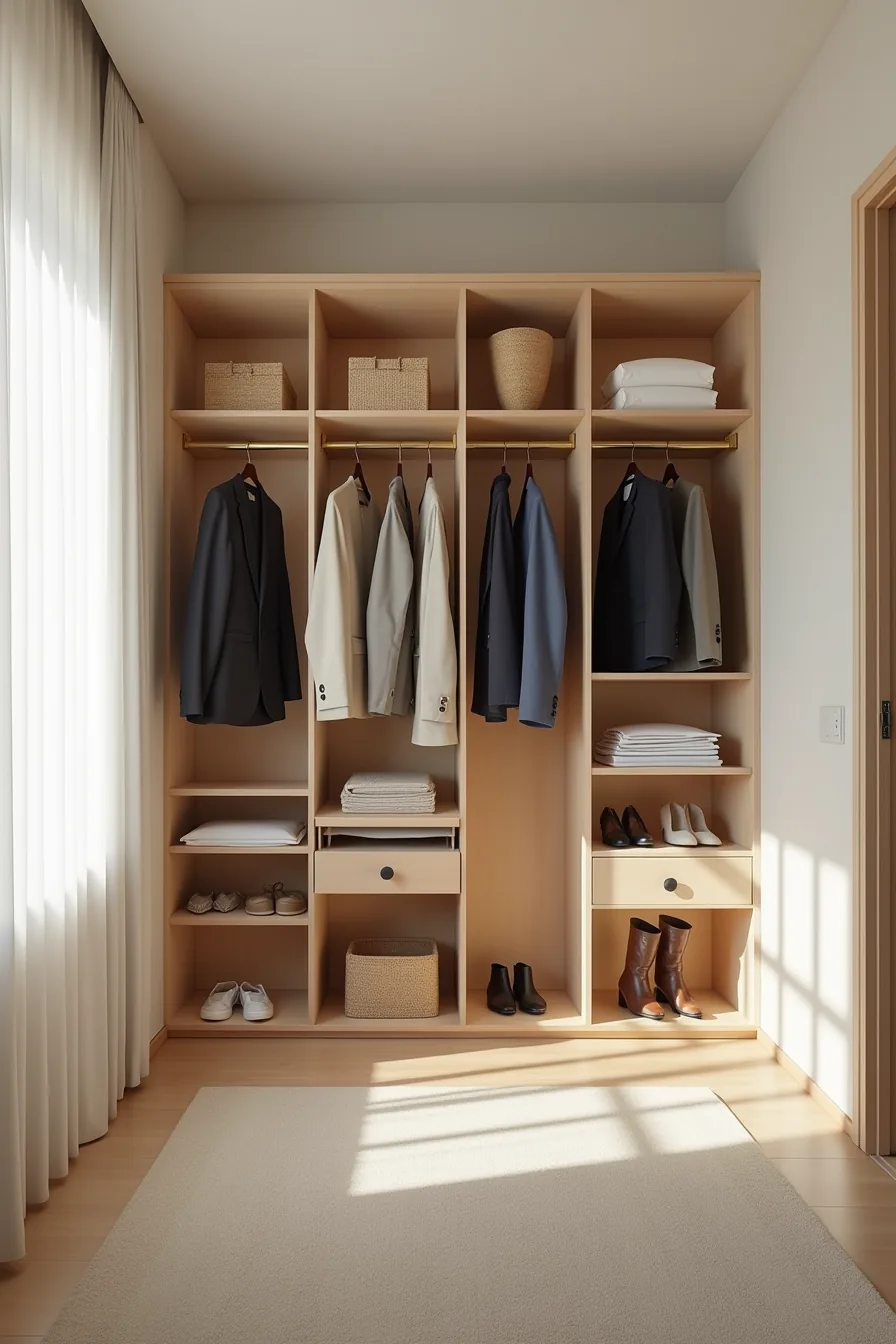 Four-section closet organizer with blazers, trousers, t-shirts, jeans, seasonal coats, shoes, and accessories.