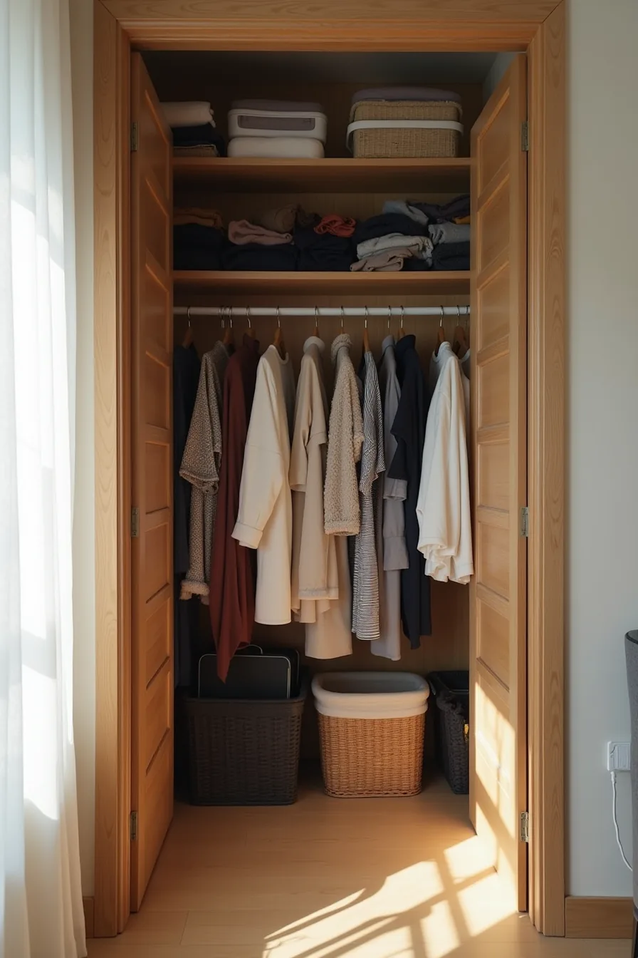 Overcrowded closet with bending rod, unused upper shelf, mismatched containers, and mixed seasonal clothing.