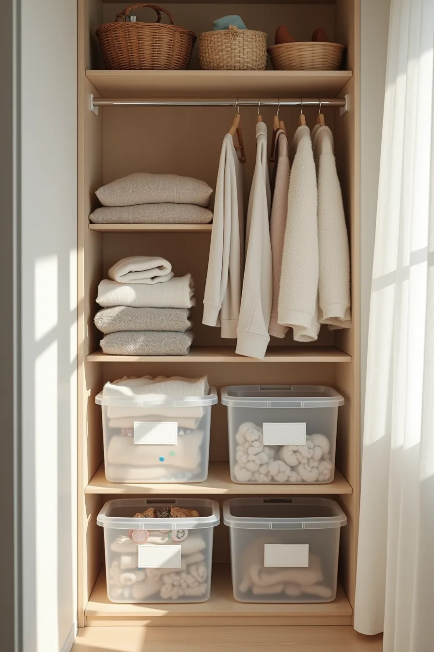 Clear plastic labeled bins with folded sweaters and woven baskets holding accessories on upper shelf.