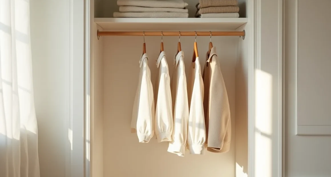 Double hanging rods with blouses above and coats below, white floating shelf displaying folded sweaters.