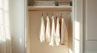 Double hanging rods with blouses above and coats below, white floating shelf displaying folded sweaters.