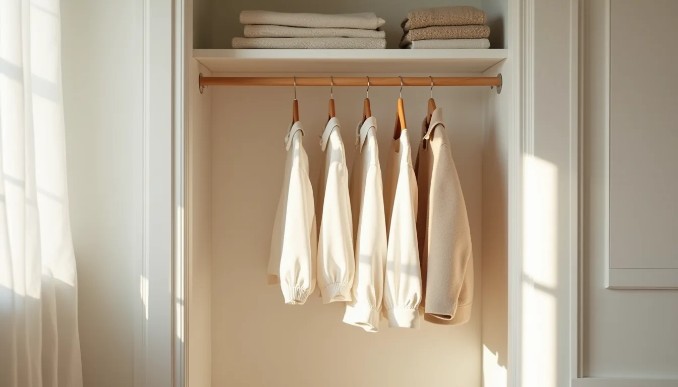 Double hanging rods with blouses above and coats below, white floating shelf displaying folded sweaters.