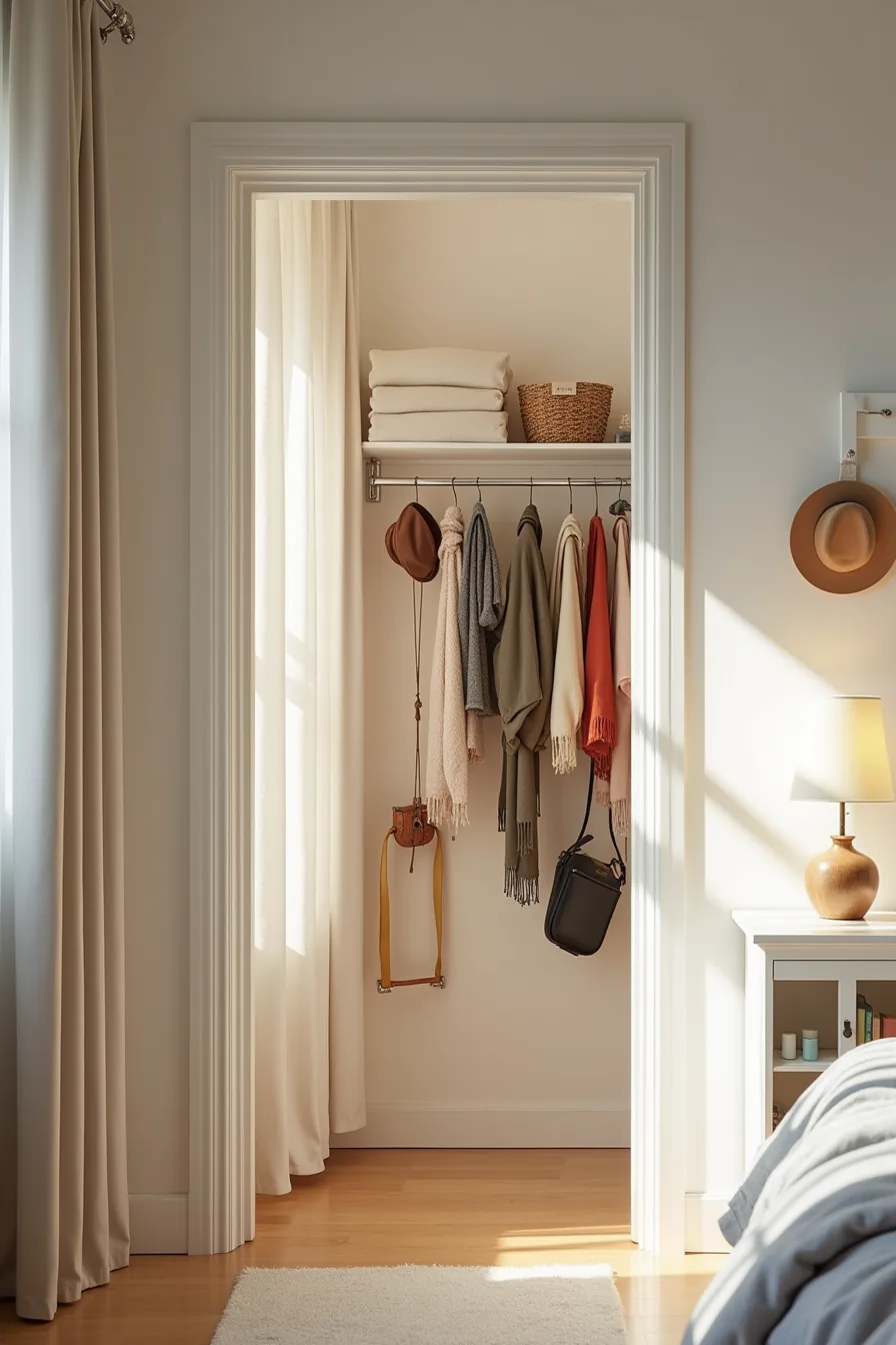 Chrome tension rod with scarves and belts, adhesive wall hooks holding bags and hats, over-the-door organizer with bins.