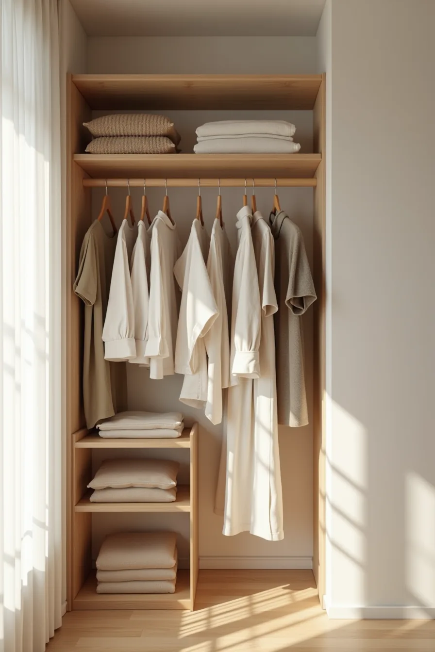 Two-tier hanging rods with wooden shelves above holding folded knitwear, button-ups, dresses, pants, and skirts.