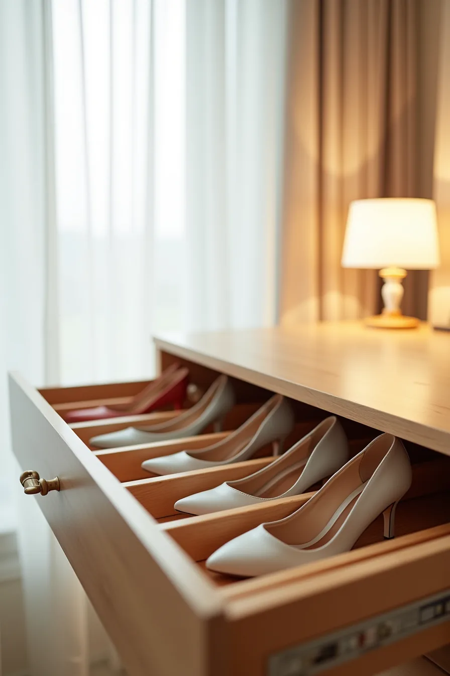 Open drawer with five vertical dividers holding shoes standing upright in individual slots.