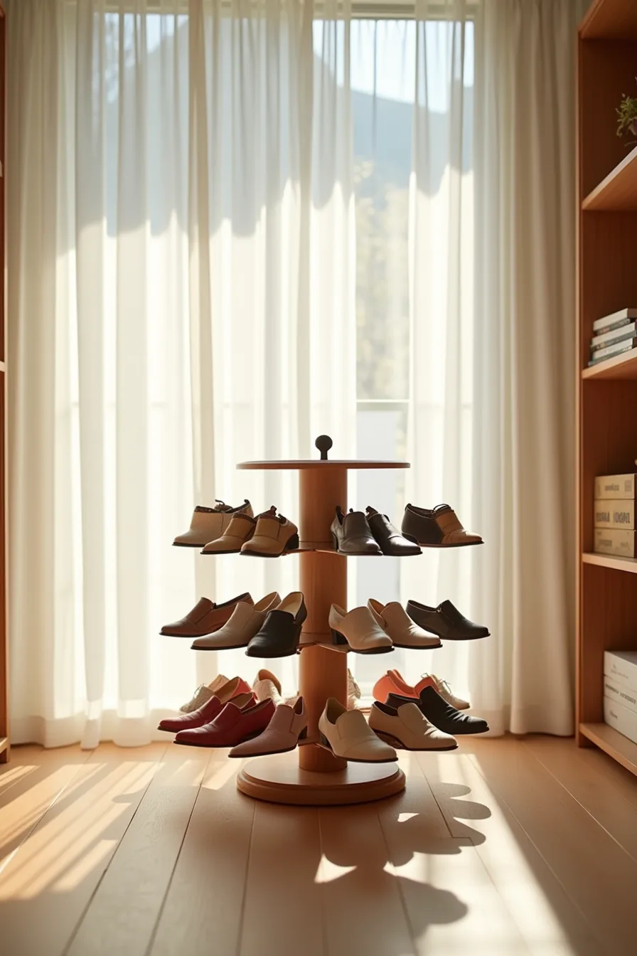 Rotating carousel shoe organizer with multiple shoes arranged in a circle around the central spindle.