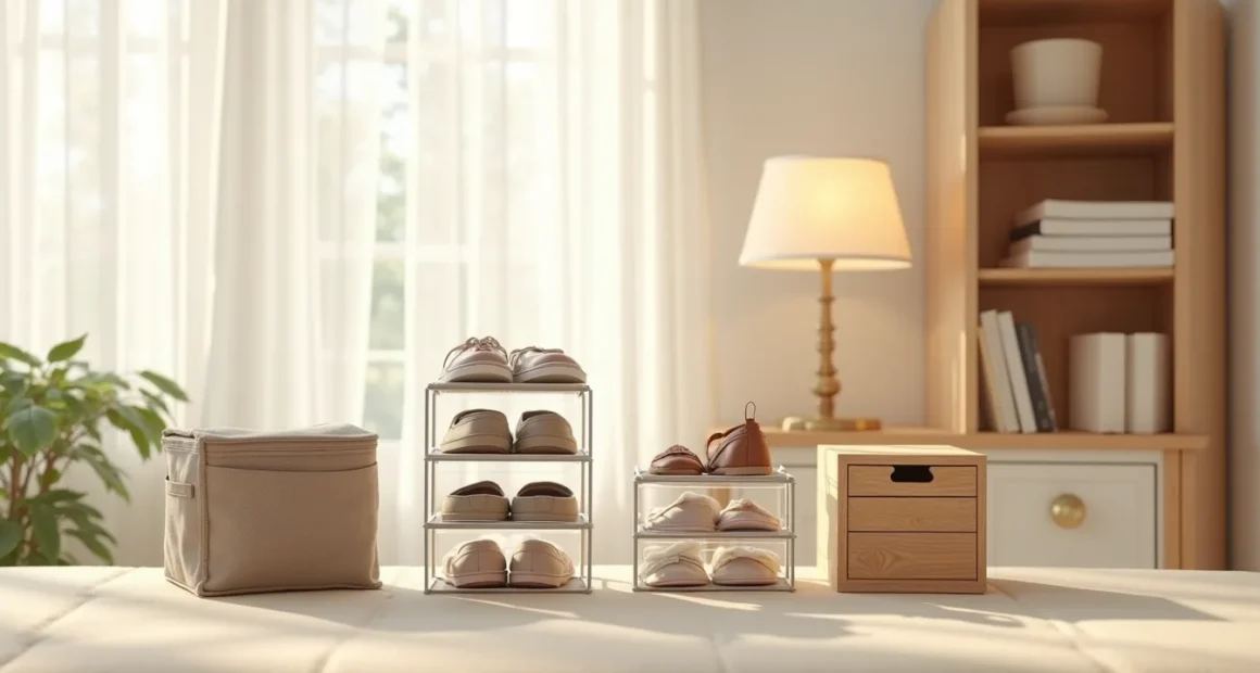 Six different shoe storage organizers displayed together: door pocket organizer, metal shelving, clear plastic boxes