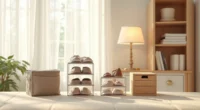 Six different shoe storage organizers displayed together: door pocket organizer, metal shelving, clear plastic boxes