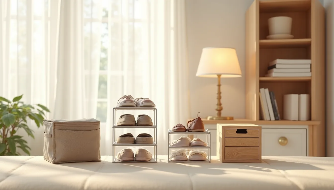 Six different shoe storage organizers displayed together: door pocket organizer, metal shelving, clear plastic boxes