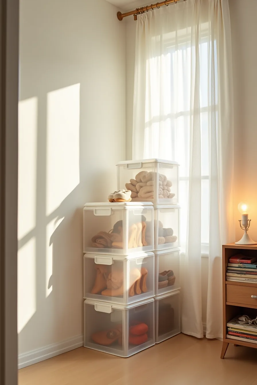 Six clear plastic storage boxes stacked and labeled, displaying shoe silhouettes inside each container.