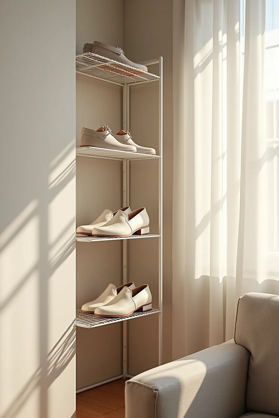 Metal wire shelving with three levels holding paired shoes neatly spaced on each tier inside a closet.