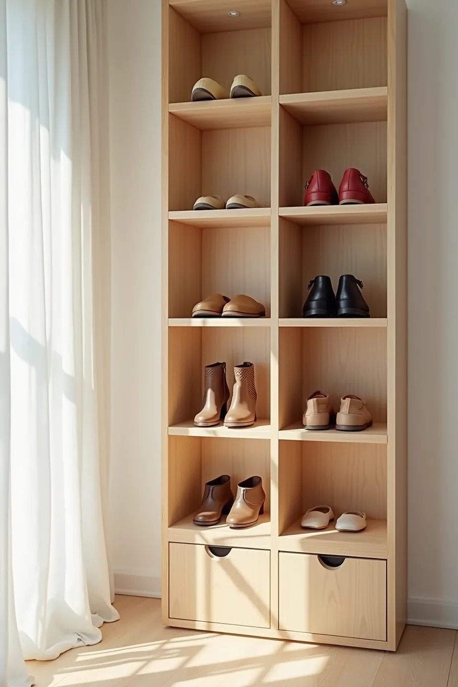 Nine-compartment wooden cubby wall system with shoes displayed forward in each individual section.