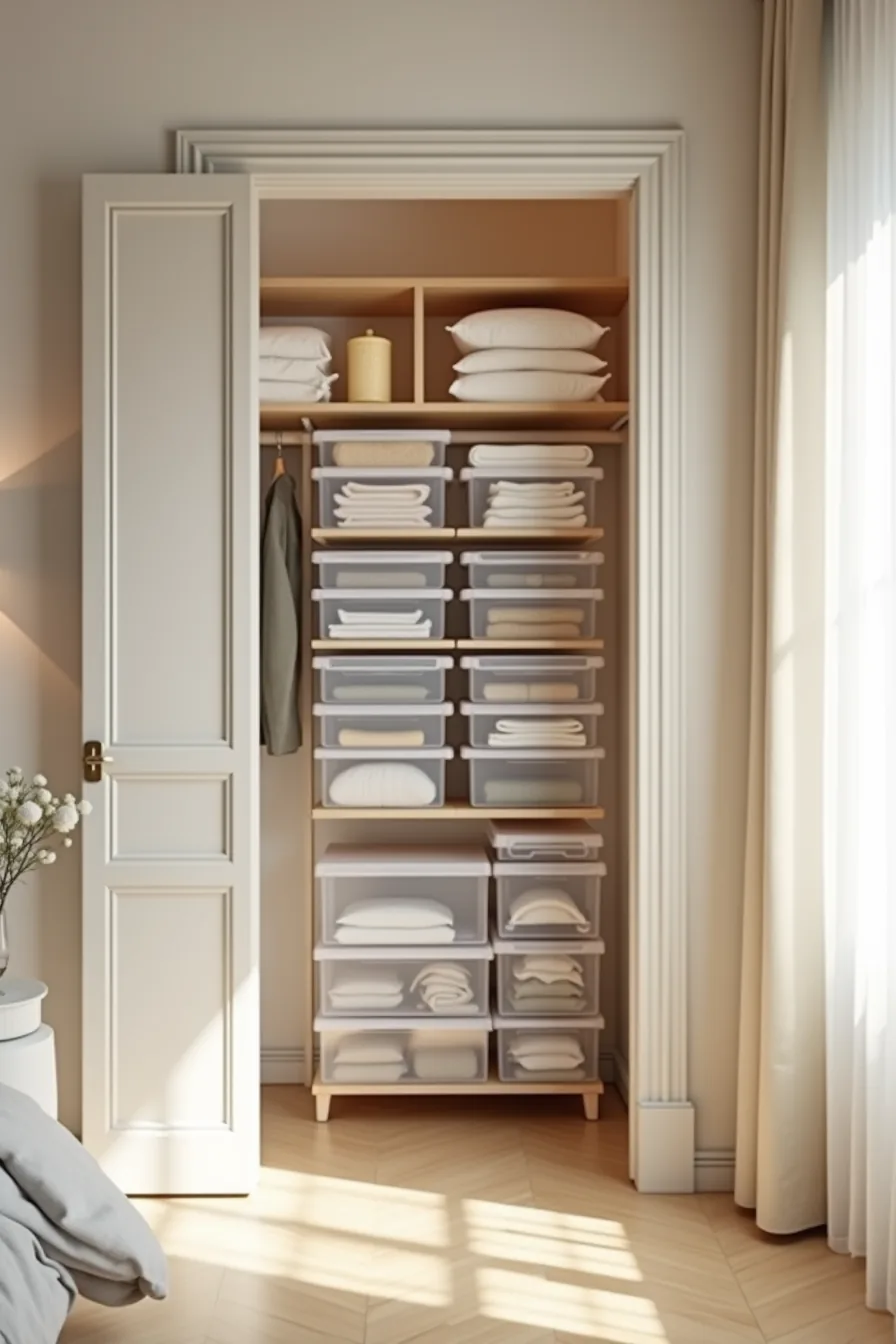 Stacked clear plastic drawer organizers and tiered modular bins fill a narrow closet with open sliding door.