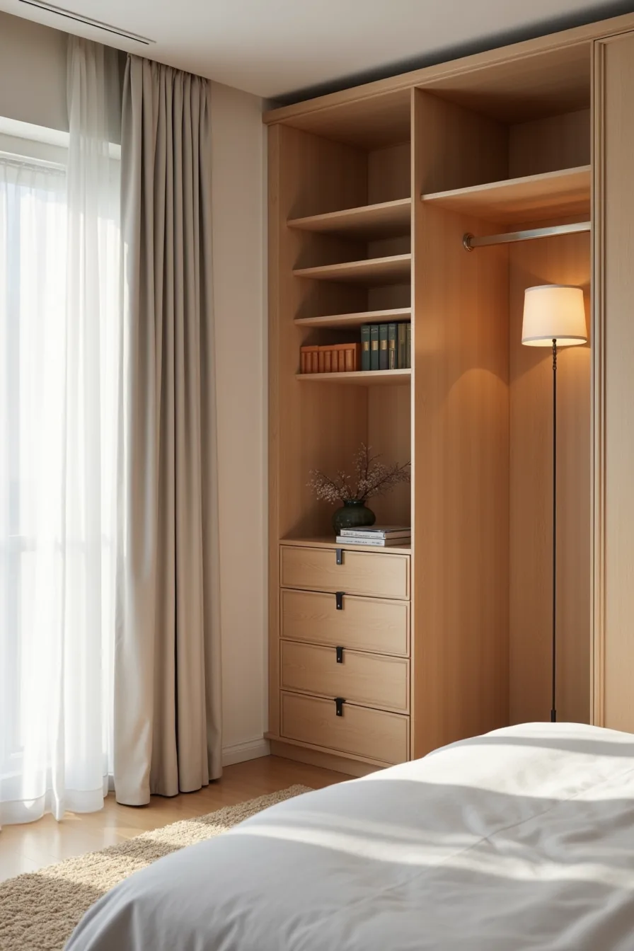 Floor-to-ceiling built-in wood shelves with integrated hanging sections and visible framing span the entire closet.