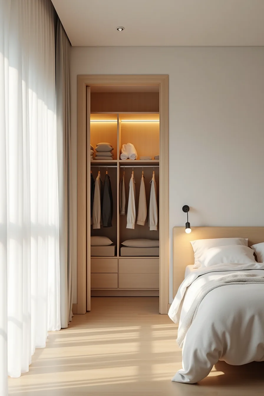 LED strip lights mounted on top shelf edge illuminate hanging clothes and lower shelves inside the closet.