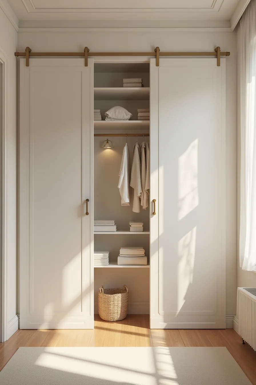 Metal adjustable shelves with vertical dividers organize hanging sections and stacked items inside an open closet.
