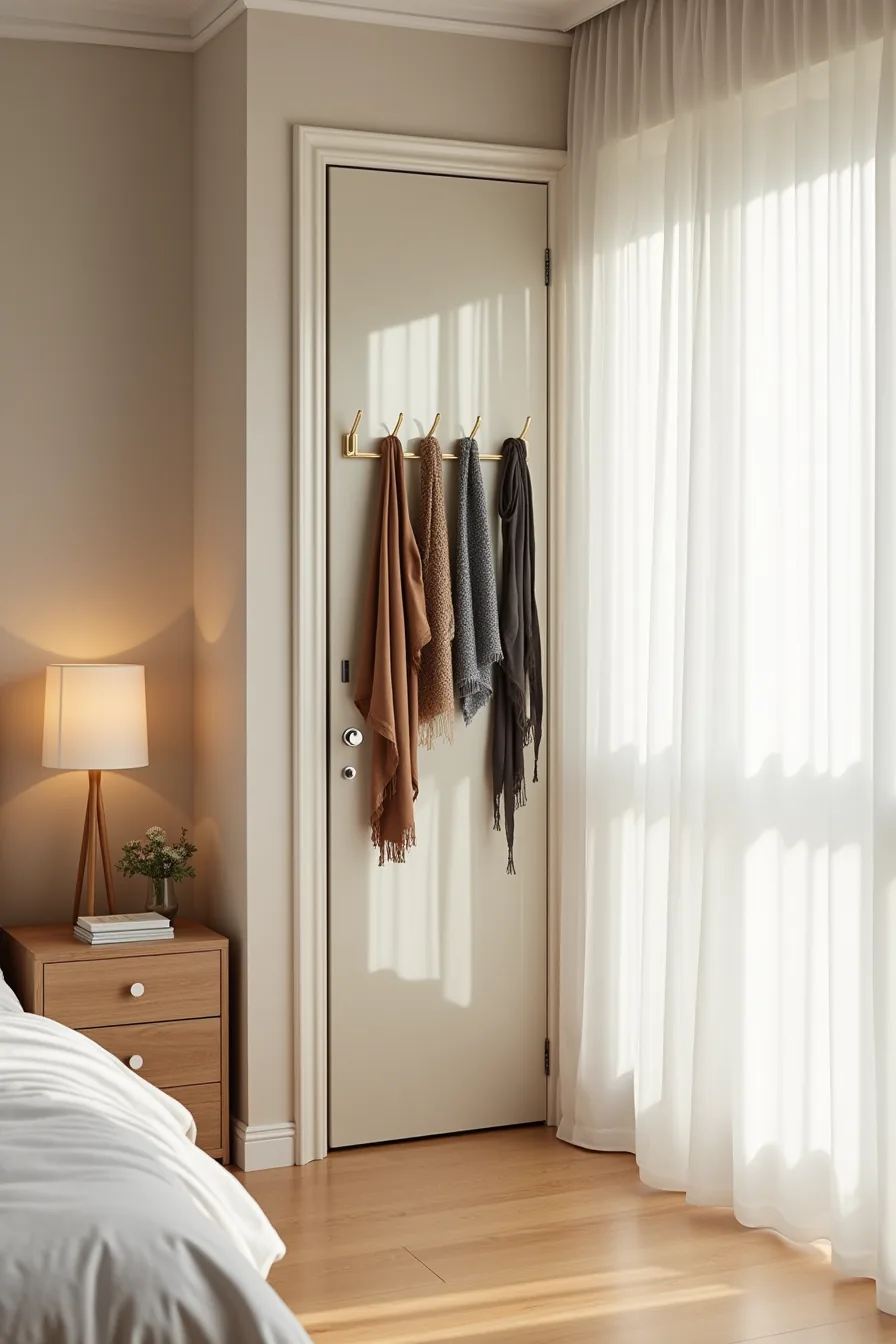 Mirrored sliding door displays adhesive hooks holding scarves, belts, and accessories with room reflection visible.