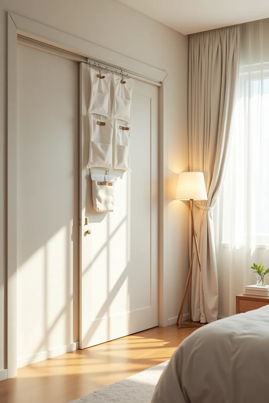 Over-door hook rail on sliding door frame suspends hanging organizer pockets and fabric caddy for storage.