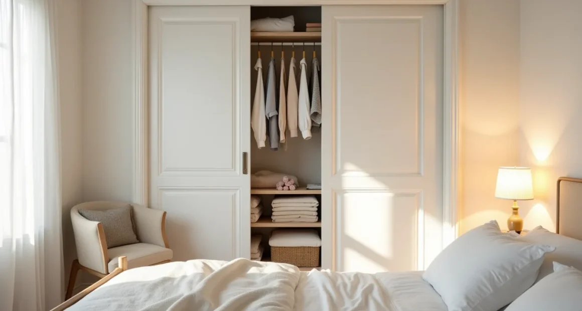 Partially open white sliding closet doors reveal hanging clothes, shelves with folded items, and storage bins inside.