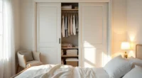 Partially open white sliding closet doors reveal hanging clothes, shelves with folded items, and storage bins inside.