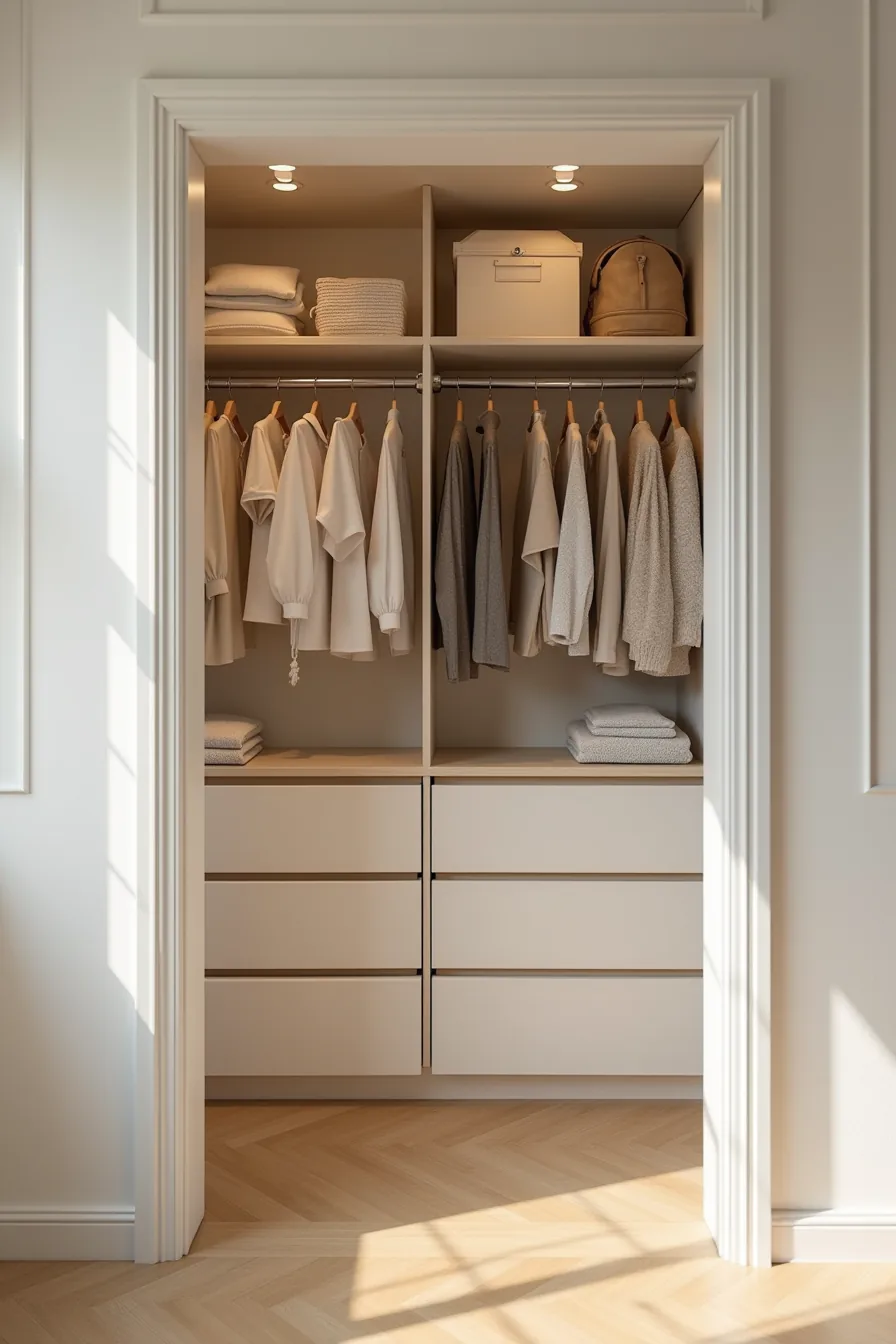 Fully organized small closet with shelving, double hanging rods, over-the-door shoe organizer, slim hangers, and drawer