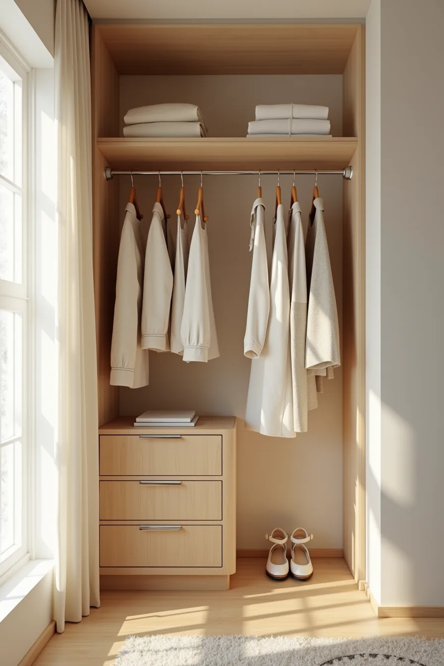 Two hanging rods at different heights holding long coats and dresses above, short-sleeved shirts below.