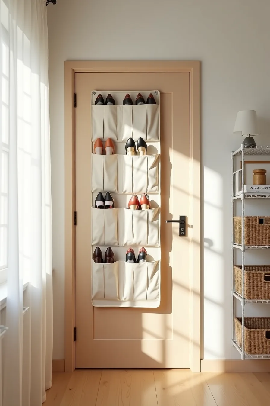 Over-the-door shoe rack with 12 pockets holding shoes and small items, with wire baskets beside the frame.