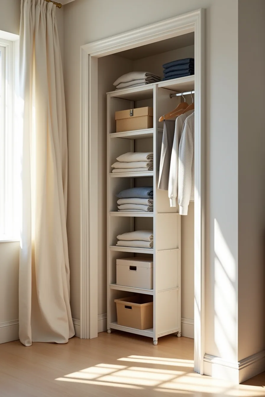 Tall metal shelving unit in closet corner filled with stacked sweaters, jeans, and storage boxes with clear floor space