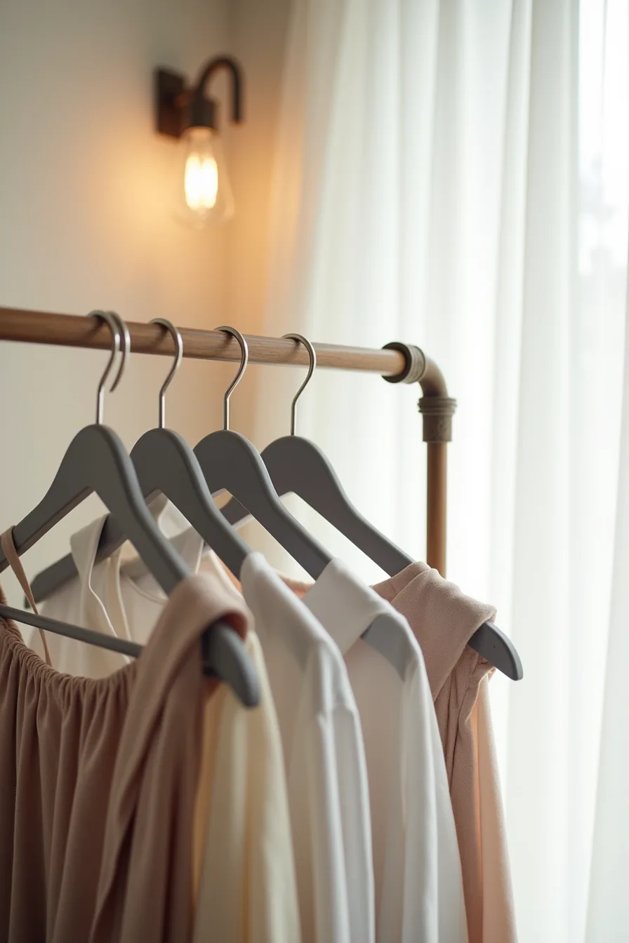 Gray velvet hangers holding shirts with cascading clip hangers below for pants and skirts on a single rod.