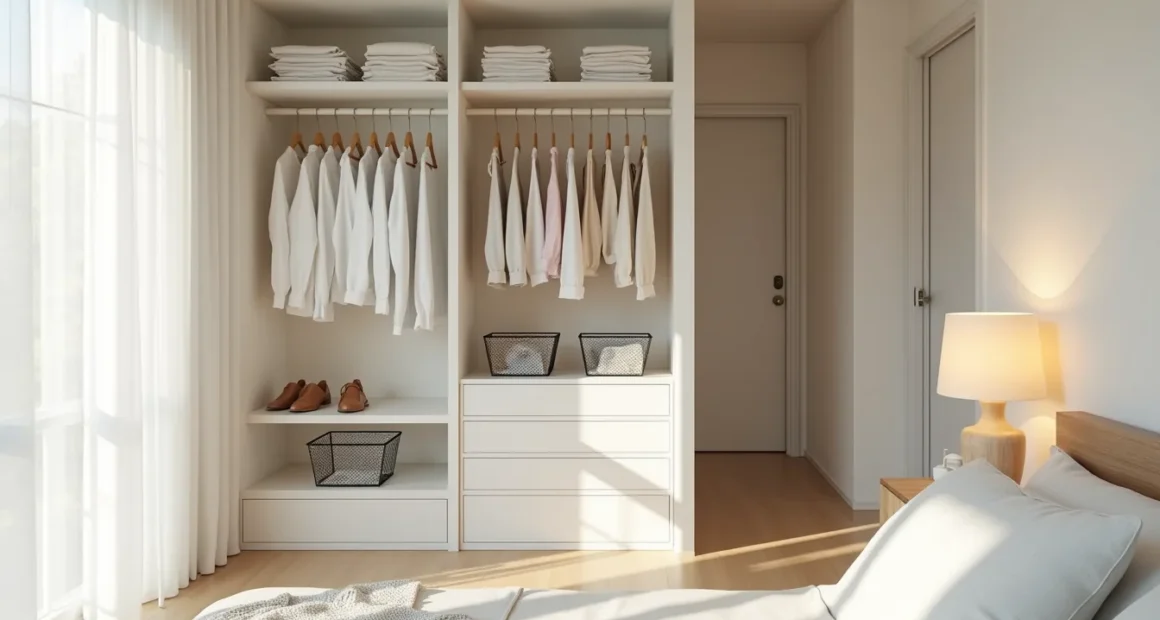 White shelving unit with folded clothing, double hanging rods with shirts and pants, and wire baskets in a small closet.