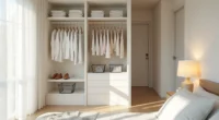 White shelving unit with folded clothing, double hanging rods with shirts and pants, and wire baskets in a small closet.