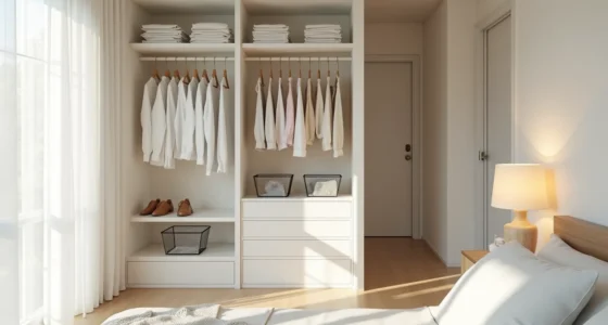 White shelving unit with folded clothing, double hanging rods with shirts and pants, and wire baskets in a small closet.