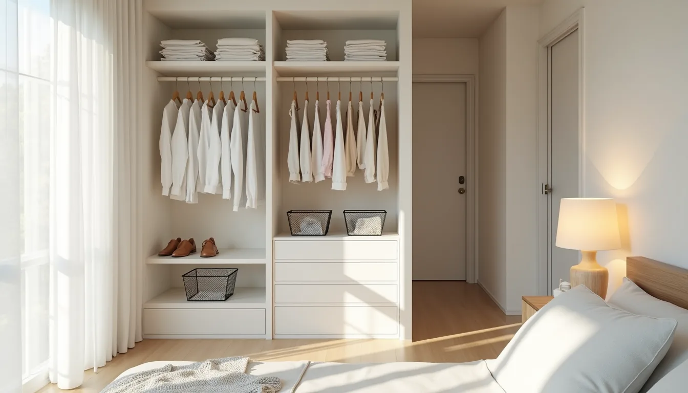 White shelving unit with folded clothing, double hanging rods with shirts and pants, and wire baskets in a small closet.
