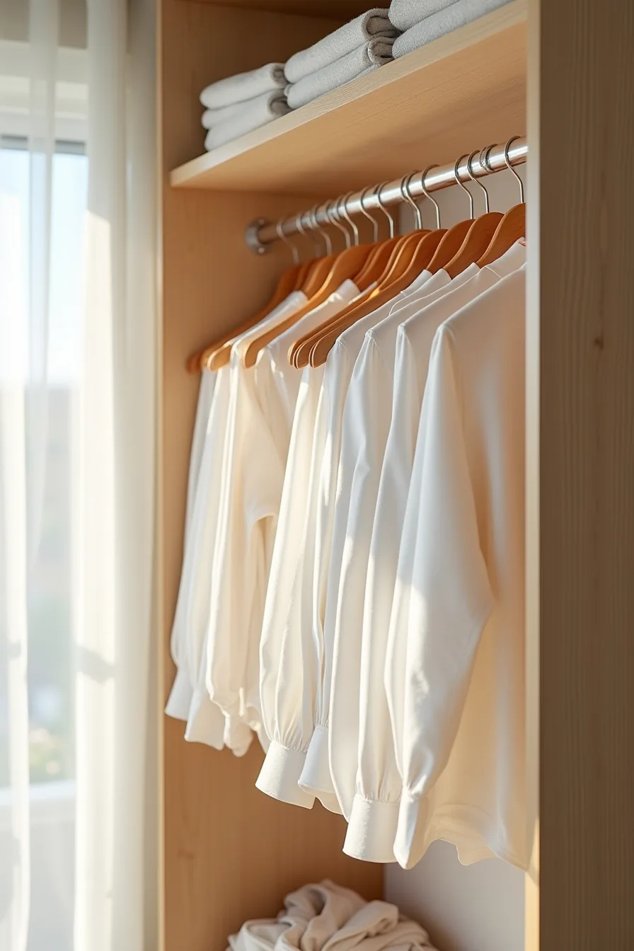 Double hanging rods display cascading hangers with vertically stacked shirts and blouses organized at different heights.