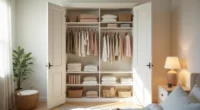 Open double closet doors display white floor-to-ceiling shelves with tiered hanging rods, wire baskets, and stacked folded