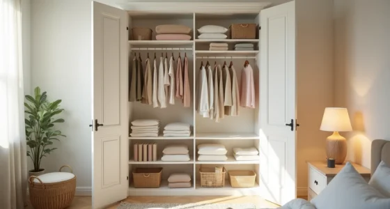 Open double closet doors display white floor-to-ceiling shelves with tiered hanging rods, wire baskets, and stacked folded